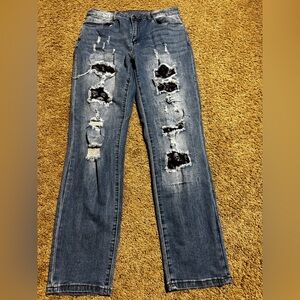Halloween Denim Jeans Skulls Patch Ripped Distressed Stretch for Women Large